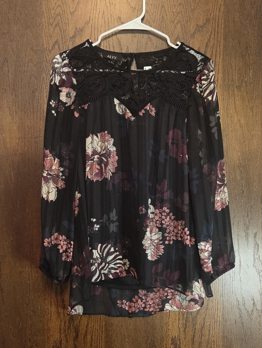 Alyx Black Floral Lace Yoke Long-Sleeve Blouse